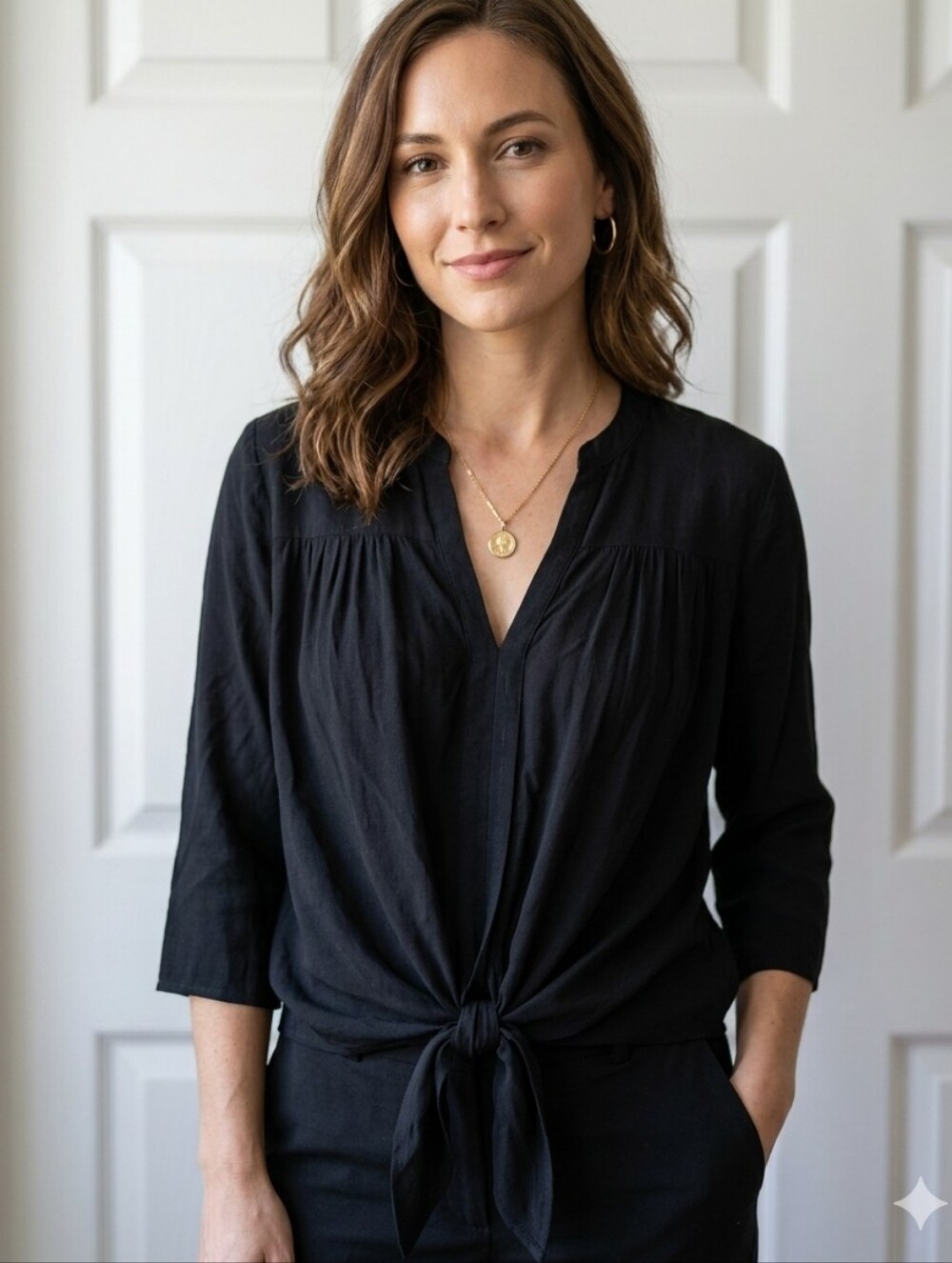 Kensie Black Tie Front Long Sleeve Blouse Top Small
